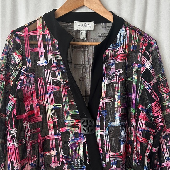 Joseph Ribkoff Black Colorful Abstract Pattern Long Sleeve Jacket Coat **Sz 10** - Picture 3 of 6